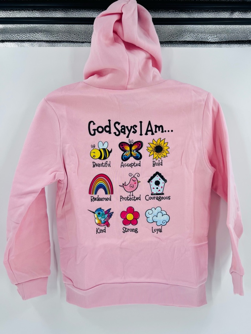 Temu God Says I Am..." faith-based graphic on the back